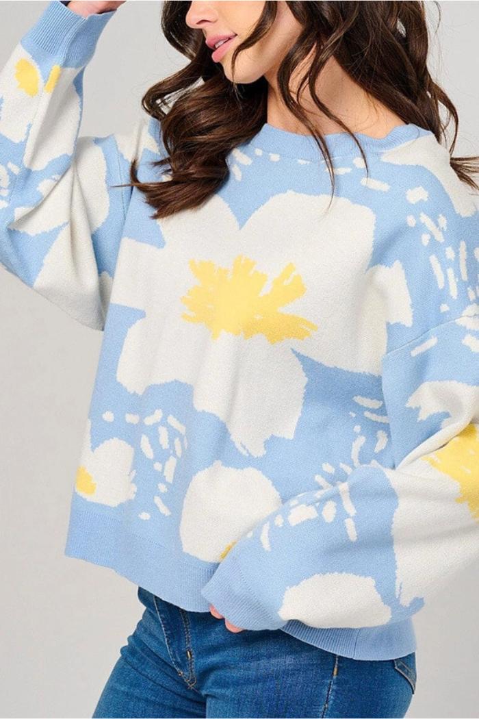Floral Patter Knit Long Sleeve Pullover Sweater Product Image
