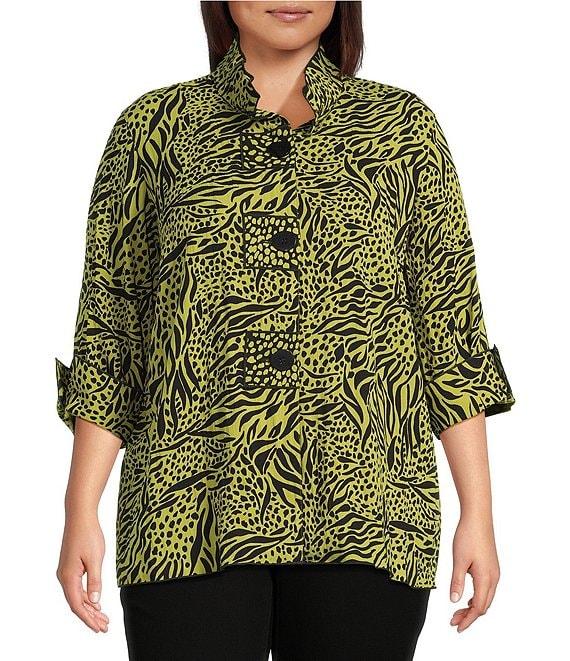 Ali Miles Plus Size Woven Zebra Leopard Print Wire Collar 3/4 Sleeve Button Front Tunic Product Image