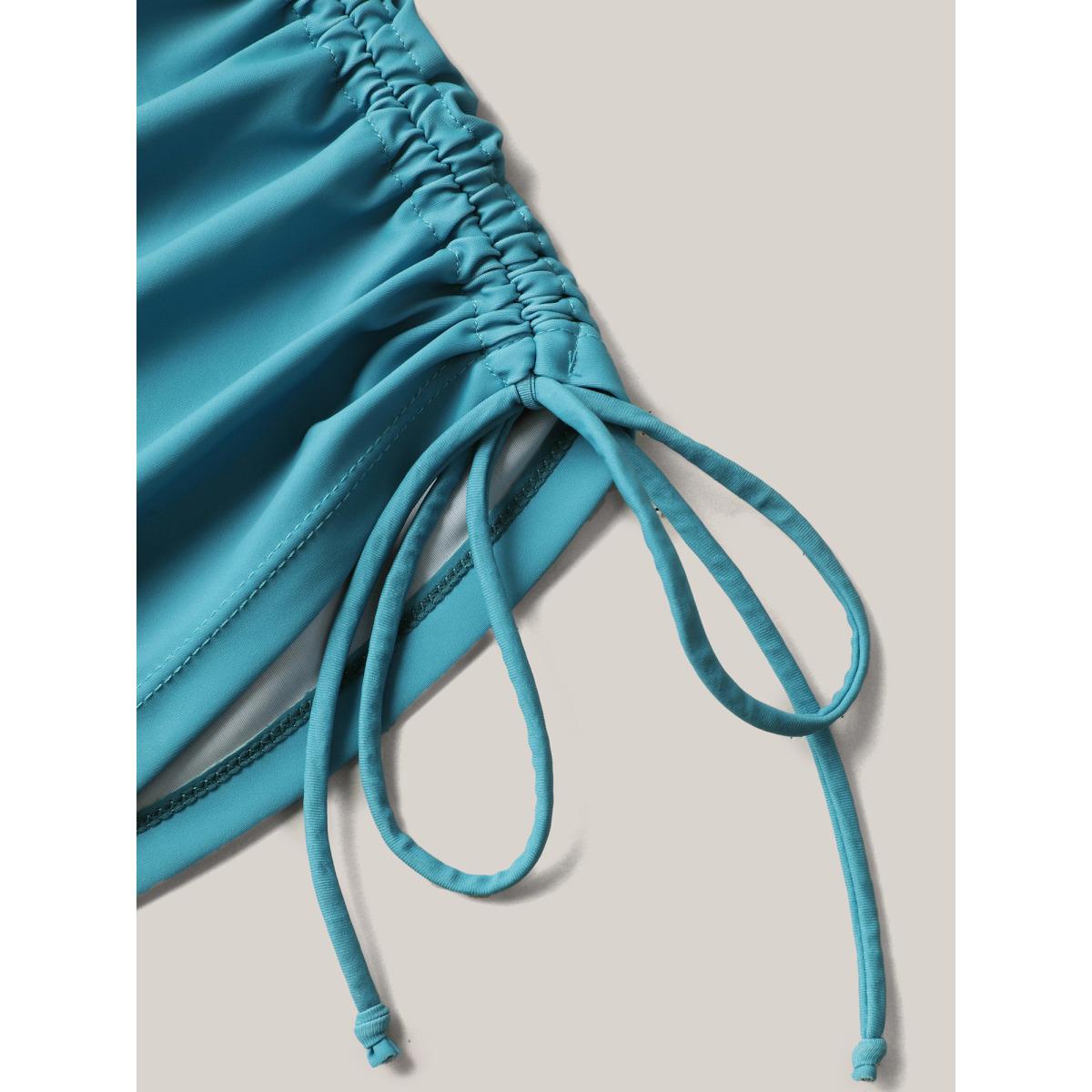 Plus Size Island Print Drawstring Adjustable Swim Top Women's Swimwear Teal Resort Contrast High stretch Loose U-neck Curve Swim Tops BloomChic 12/L Product Image