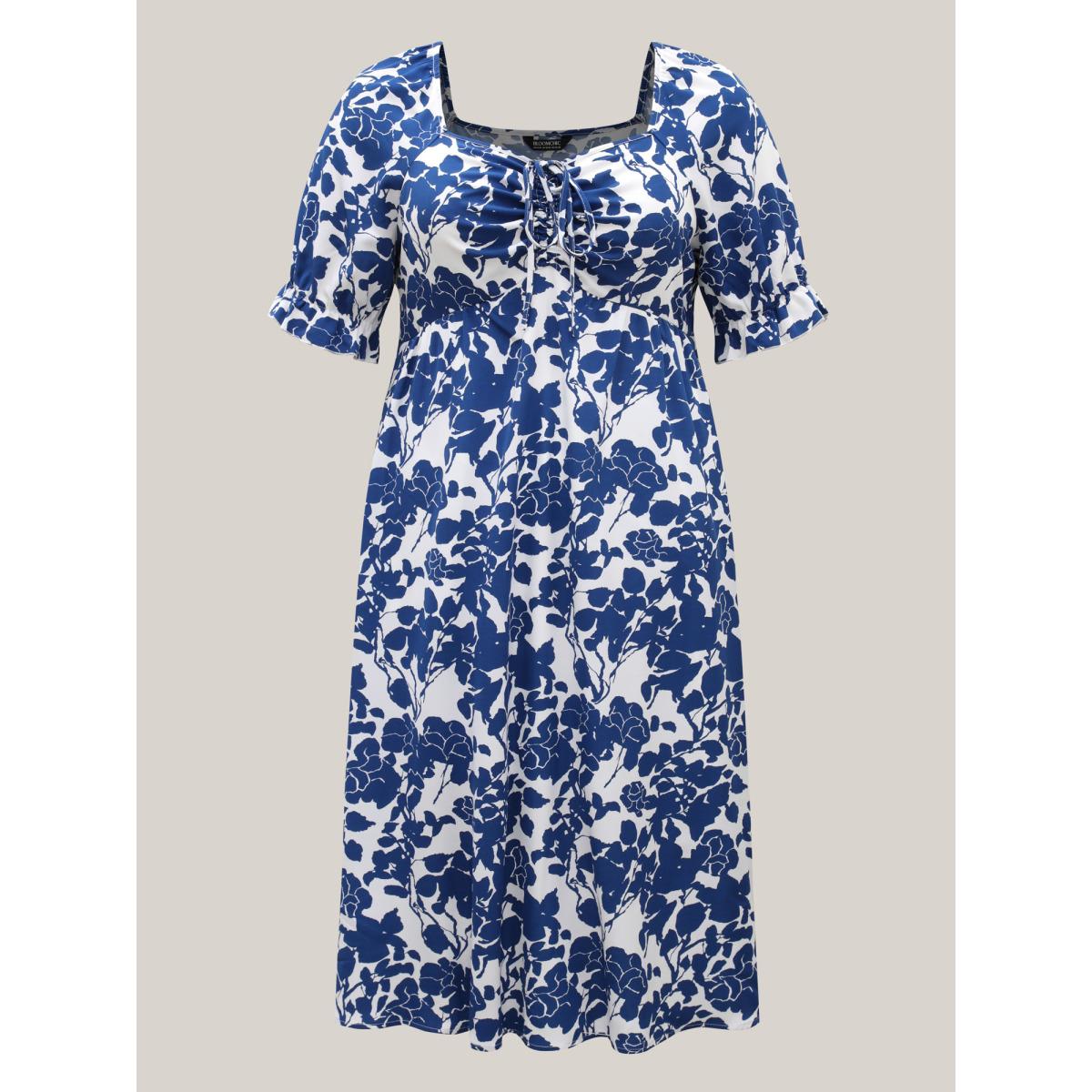 Plus Size Silhouette Floral Print Tie Front Midi Dress DarkBlue Women Elegant Drawstring Heart neckline Half Sleeve Curvy BloomChic 18-20/2X Product Image
