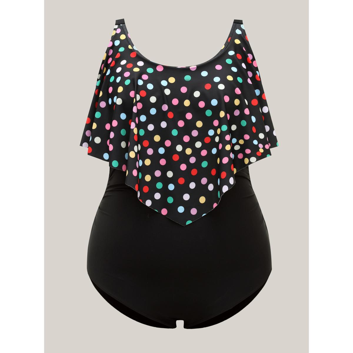 Plus Size Polka Dots Lotus Leaf Edge One-Piece Swimsuit Women's Swimwear Black Resort Gathered Curve Bathing Suits High stretch One Pieces BloomChic 12/L Product Image