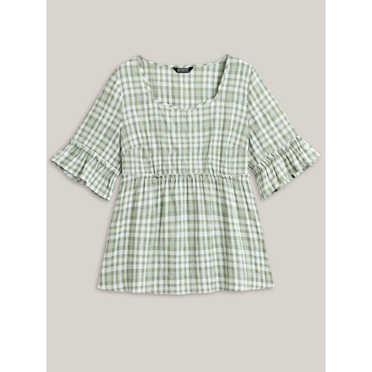 Plus Size Greenbean Plaid Pattern Ruffled Sleeve Babydoll Top Women Half Sleeve Square Neck Everyday-Elegant Blouses BloomChic 14-16/1X Product Image