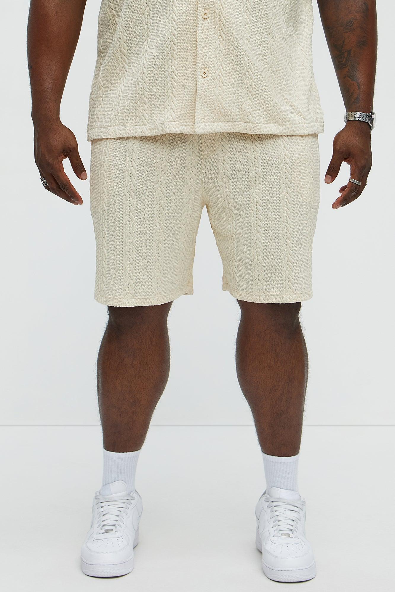 Textured Stripes Relaxed Drawstring Shorts - Cream Product Image