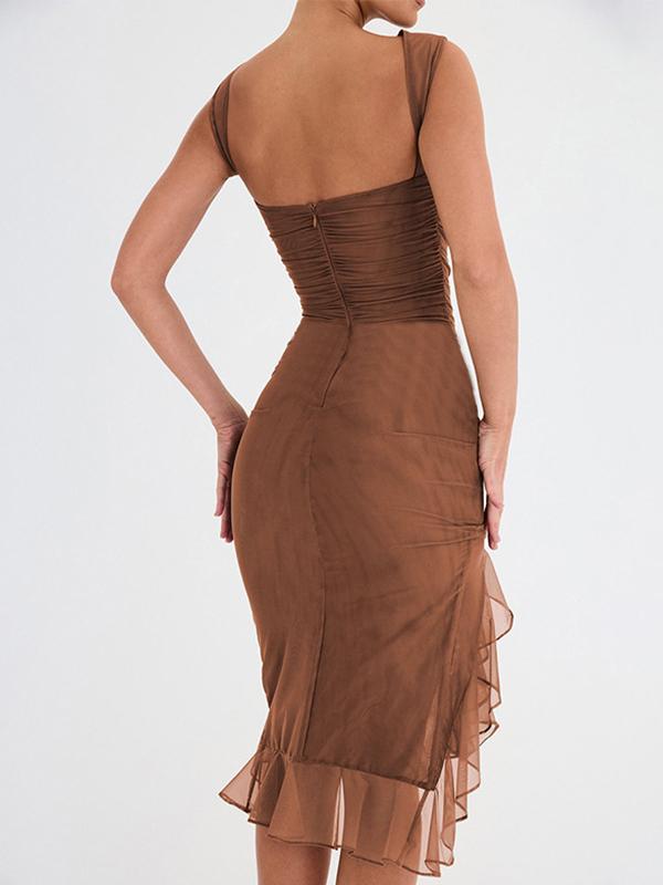 Solid Sleeveless Ruffled Hem Ruched Midi Dress Product Image