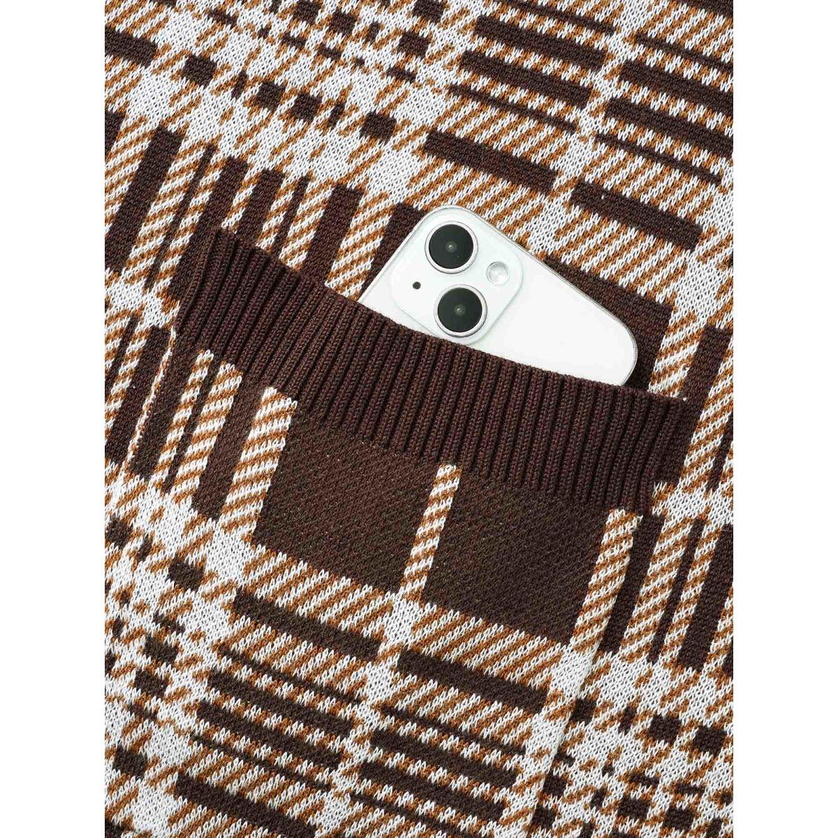 Plus Size Plaid Open Front Patch Pocket Cardigan DarkBrown Women Casual Loose Long Sleeve Everyday Cardigans BloomChic 10/M Product Image