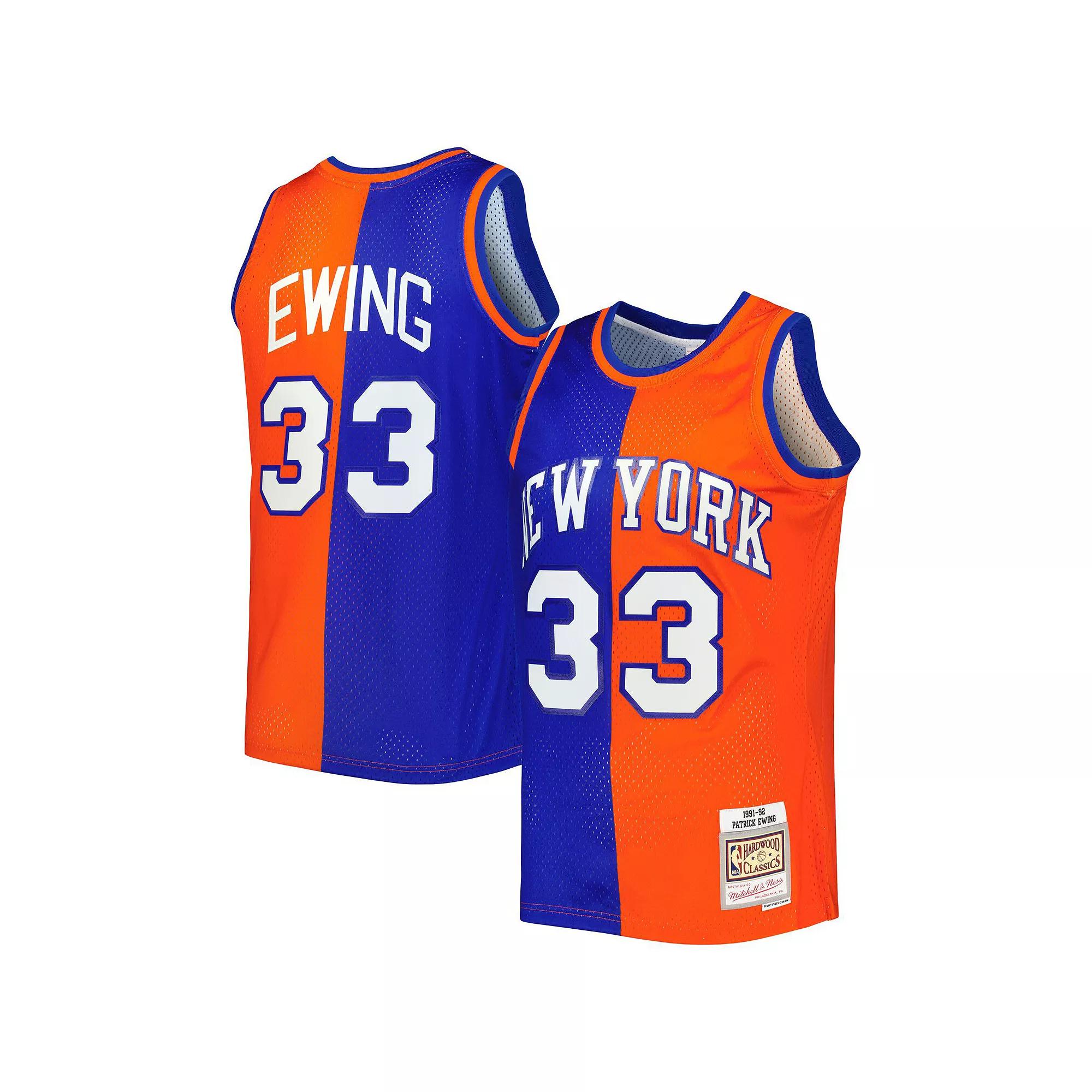 Men's Mitchell & Ness Patrick Ewing Blue/Orange New York Knicks Hardwood Classics 1991-92 Split Swingman Jersey, Size: Small Product Image