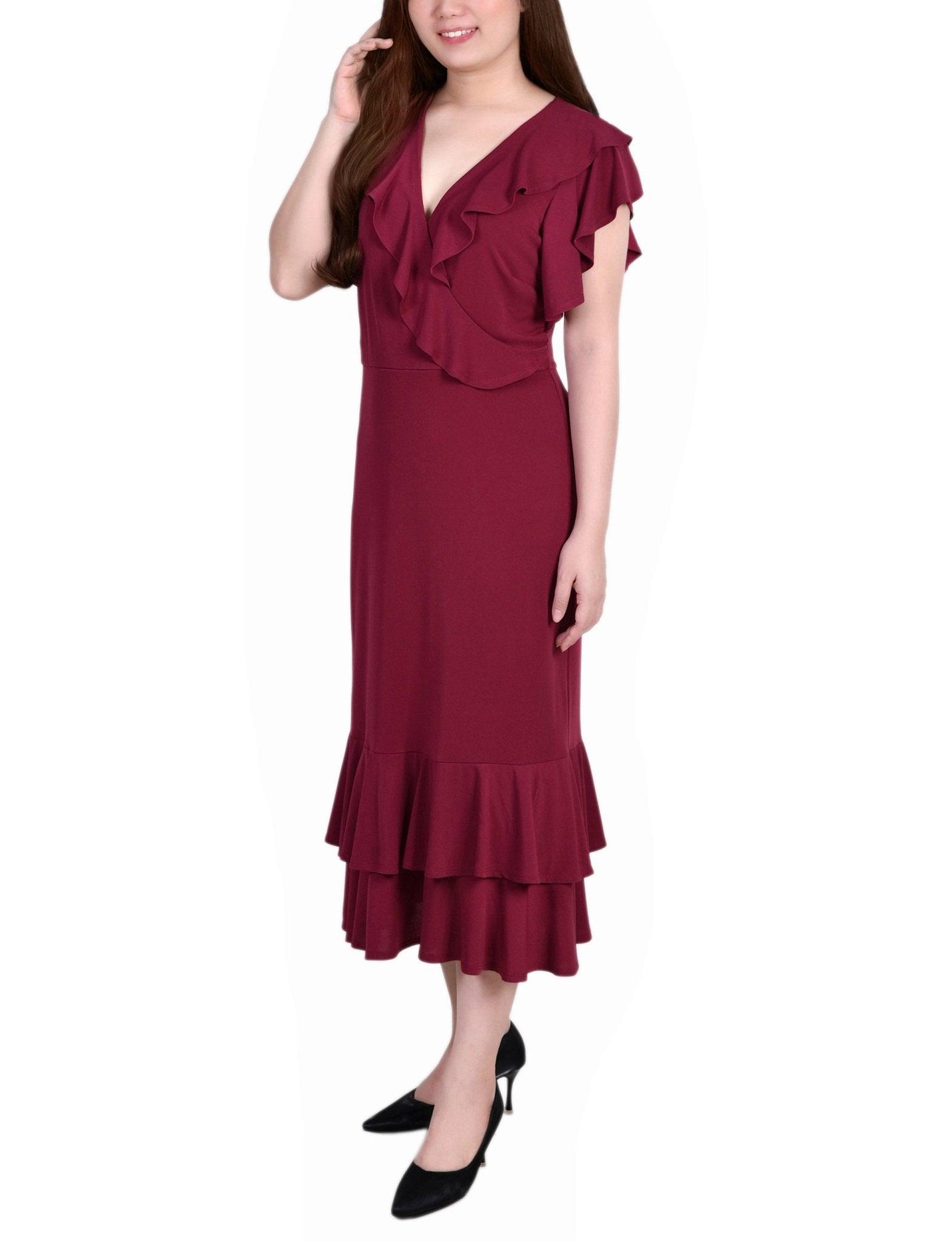 Deep Burgundy Short flutter Sleeve Ruffle Neck Dress - Petite Product Image