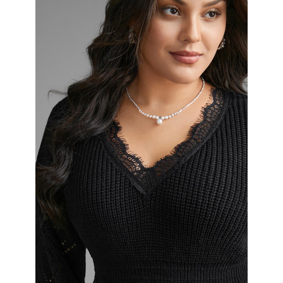 Plus Size V Neck Lace Panel Lantern Sleeve Pullover Black Women Casual Bodycon Long Sleeve V-neck Everyday Pullovers BloomChic 26/4X Product Image