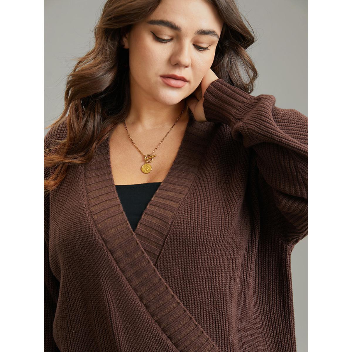 Plus Size Solid Surplice Neck Elastic Cuffs Pullover DarkBrown Women Casual Loose Long Sleeve V-neck Dailywear Pullovers BloomChic 18-20/2X Product Image