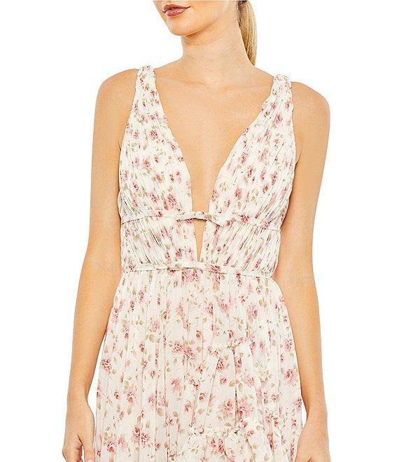Mac Duggal Floral Print Sleeveless Ruffle Tiered High-Low Plunging V-Neck Gown Product Image