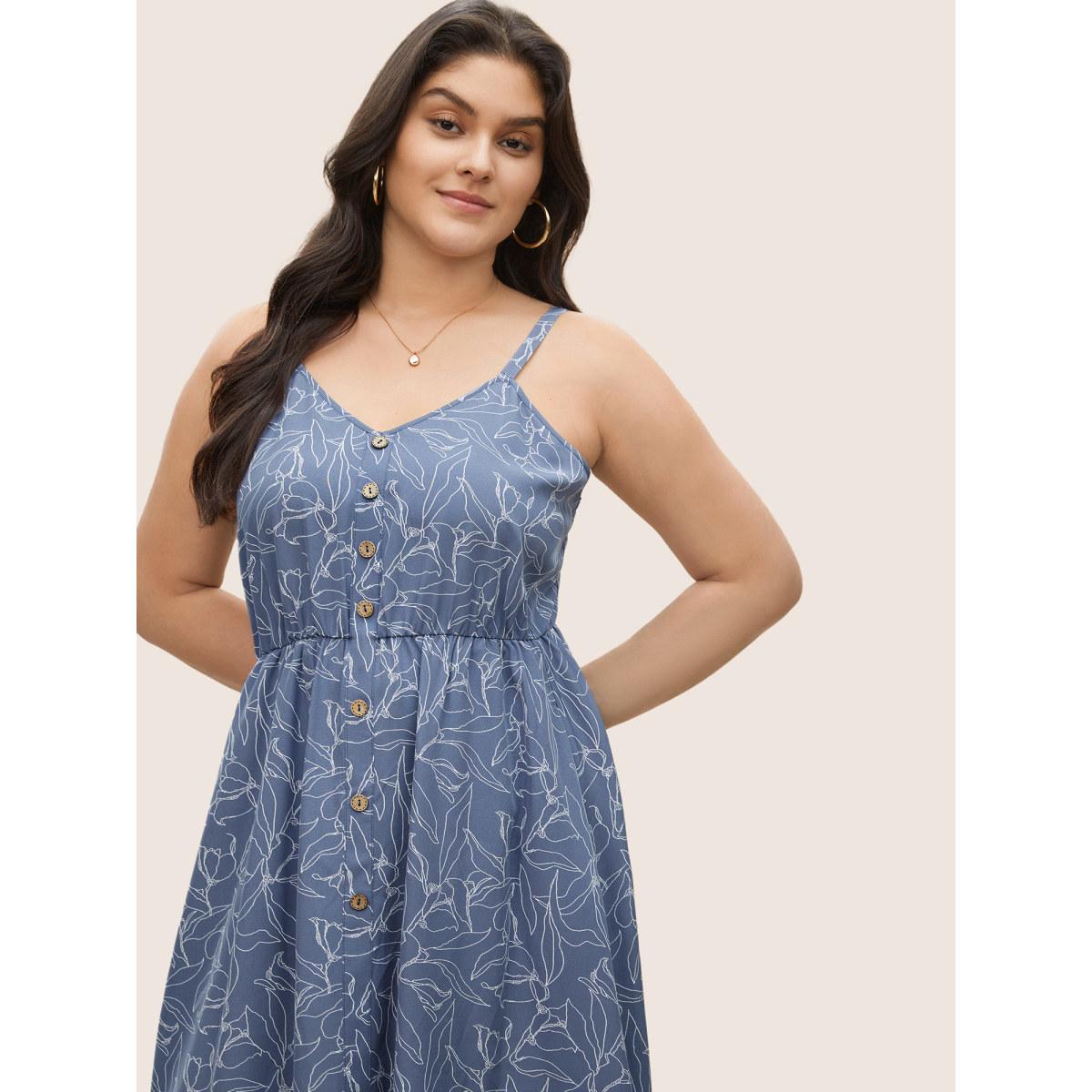 Plus Size Floral Print Button Detail Cami Dress Stone Women Elegant Non V-neck Sleeveless Curvy Midi Dress BloomChic 14-16/1X Product Image