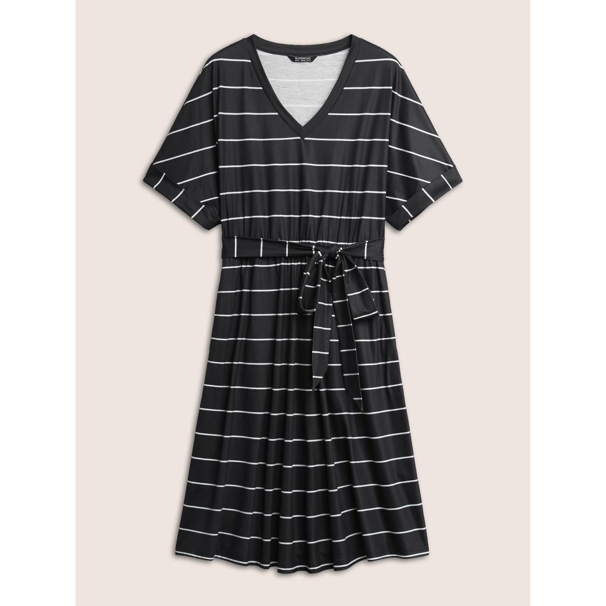 Plus Size Striped Batwing Cuffed Sleeve Belted Dress Black Women Casual Belted V-neck Half Sleeve Curvy Midi Dress BloomChic 10/M Product Image
