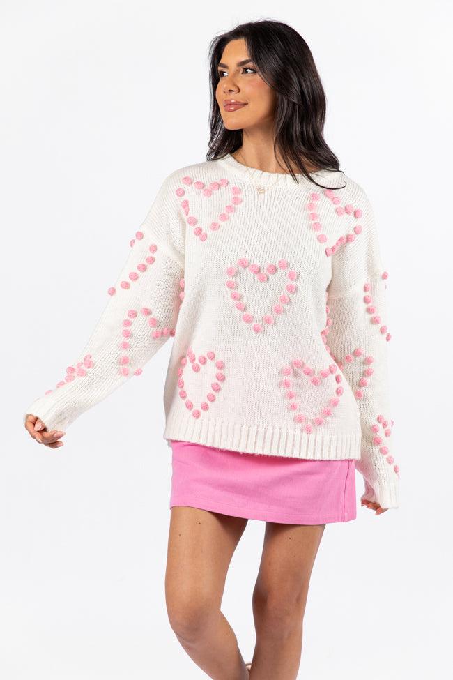 Adore You Ivory and Pink Oversized Heart Pom Sweater FINAL SALE Product Image