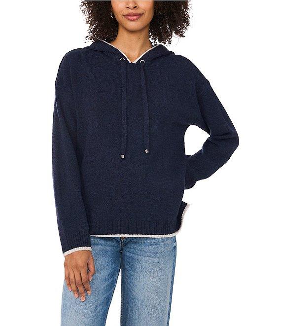 Vince Camuto Knit Crew Neck Long Sleeve Contrast Trim Hoodie Product Image