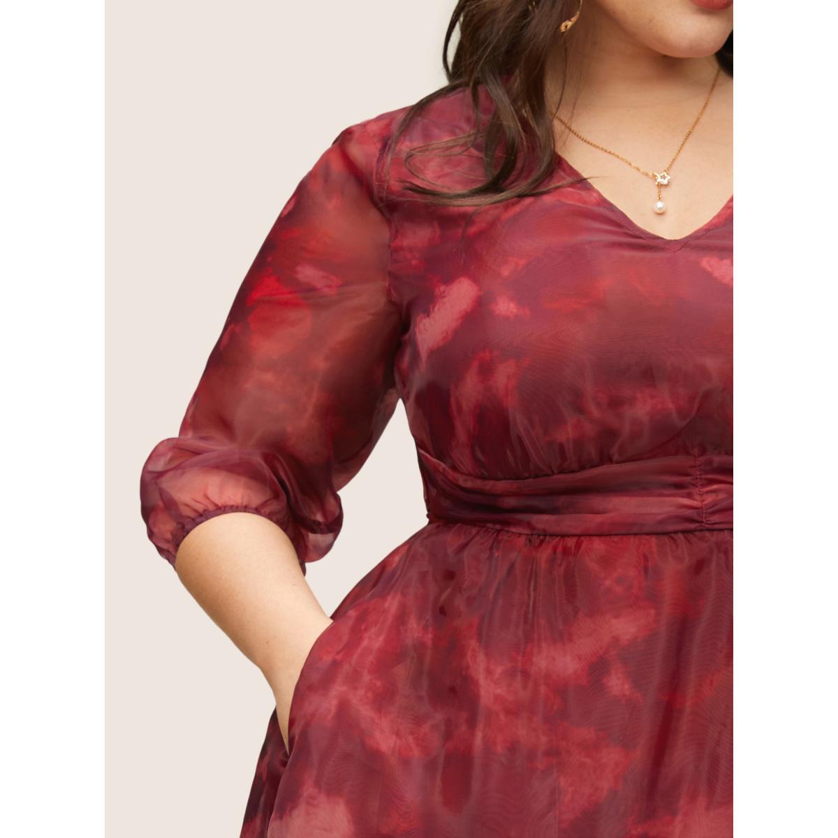 Plus Size Pixel Flower Mesh Gathered Lantern Sleeve Dress RedViolet Women Elegant Non V-neck Elbow-length sleeve Curvy Midi Dress BloomChic 10/M Product Image