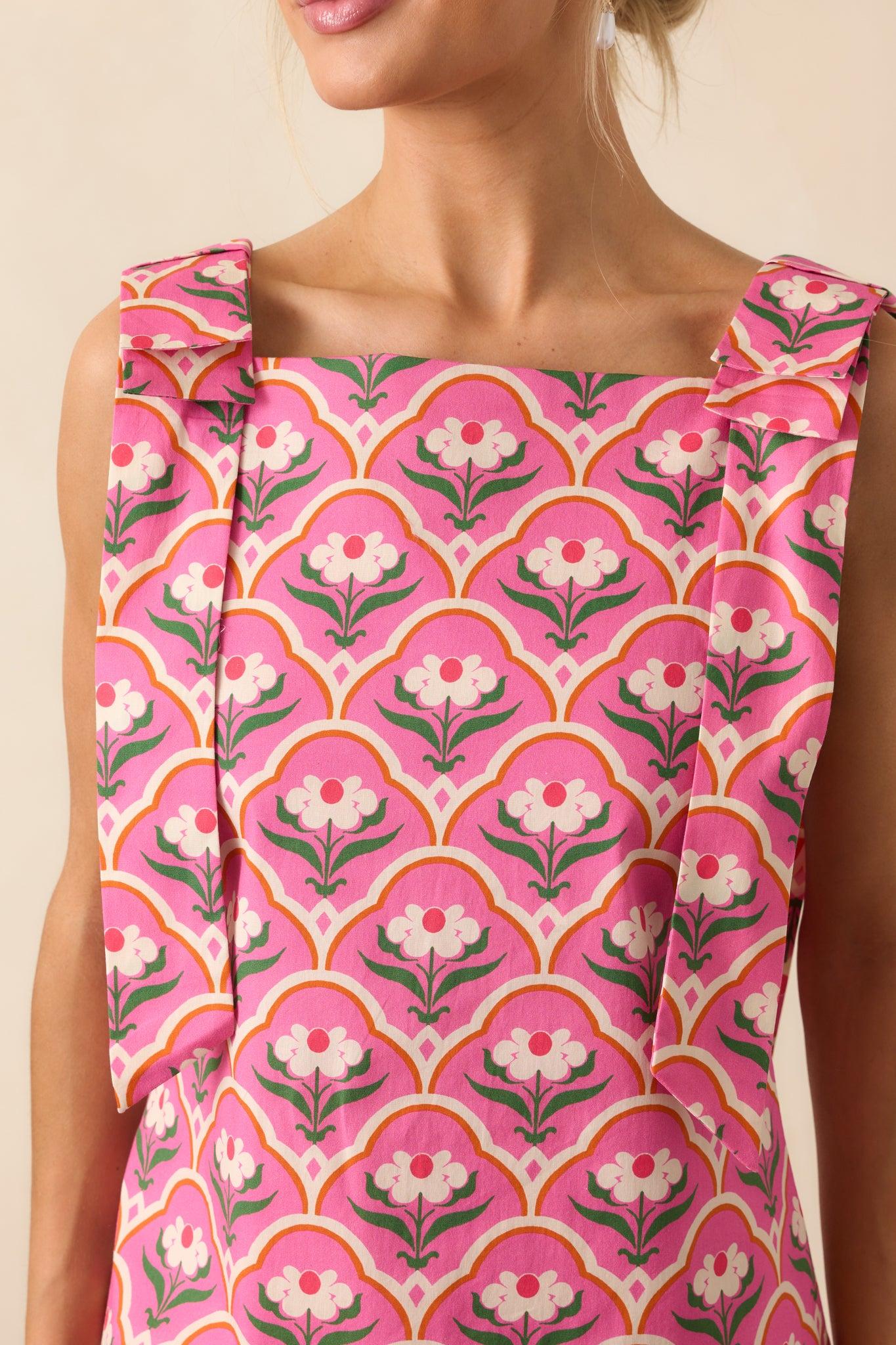 Someone So Lovely Pink Geometric Floral Print Cotton Mini Dress Product Image