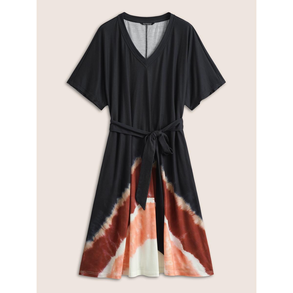 Plus Size V Neck Tie Dye Contrast Belted Dress Black Women Casual Non V-neck Short sleeve Curvy Midi Dress BloomChic 26/4X Product Image