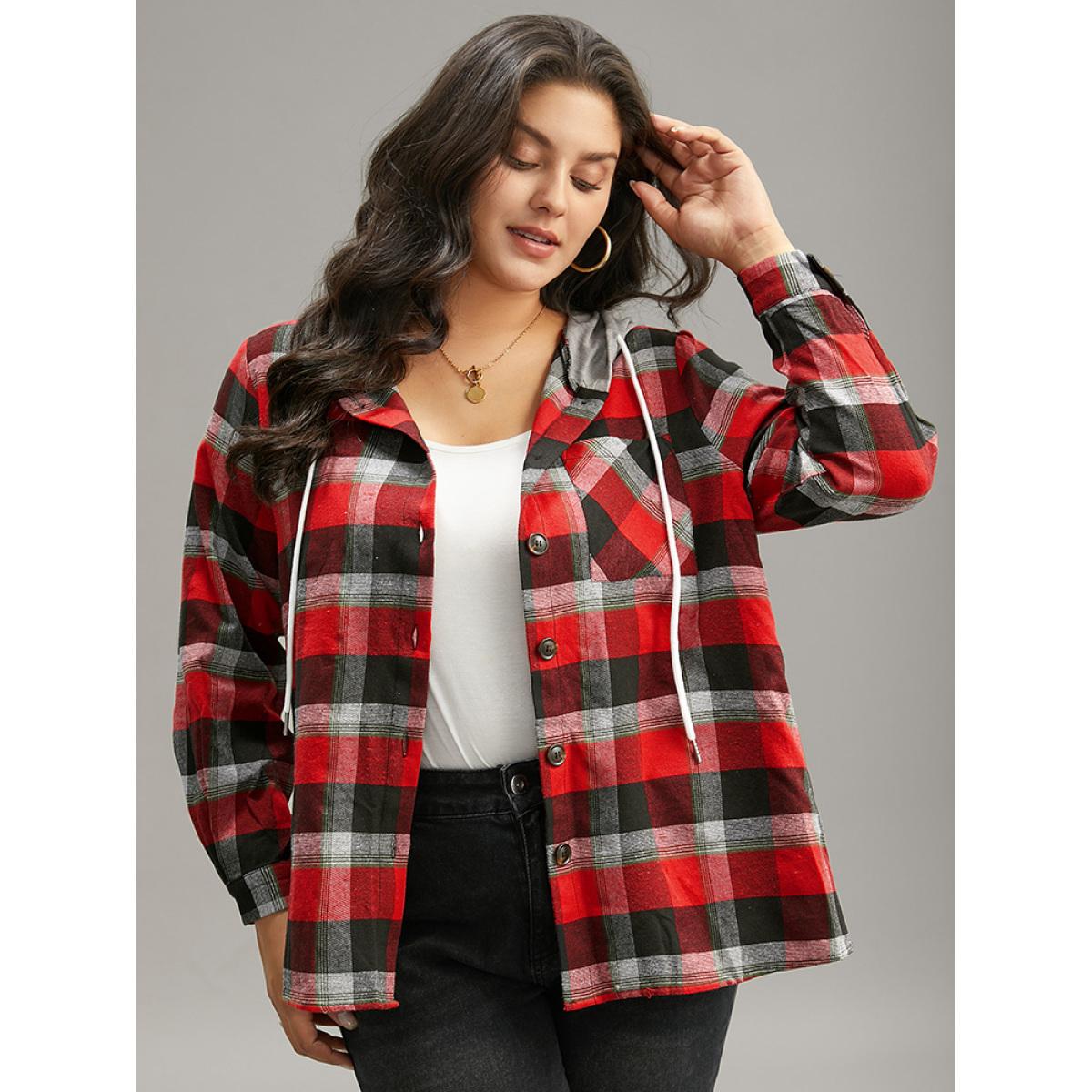 Plus Size Plaid Patchwork Hooded Drawstring Button Through Jacket Women Red Casual Jackets BloomChic 30/6X Product Image