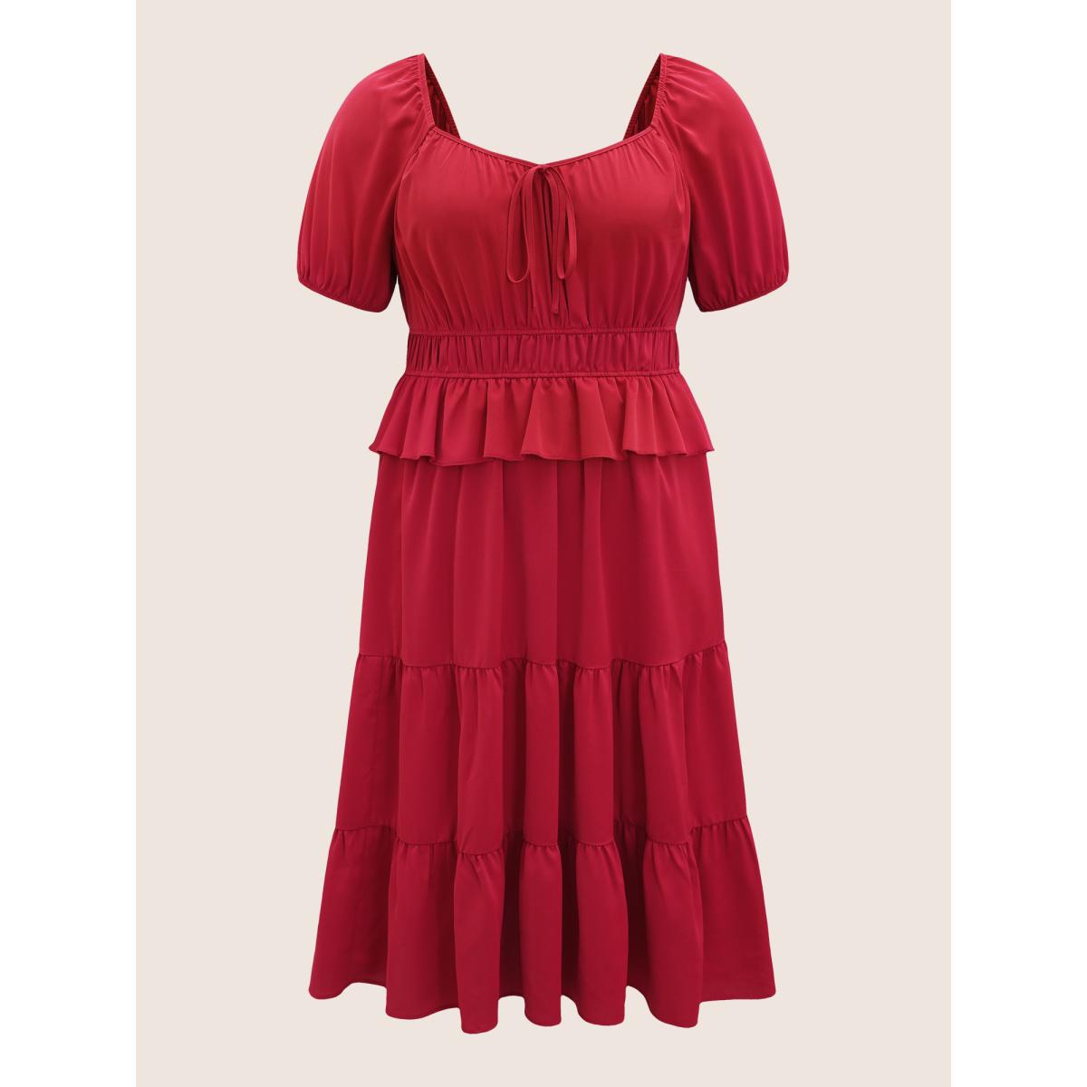 Plus Size Heart Neckline Bowknot Ruffle Trim Midi Dress Crimson Women Elegant Tie knot Heart neckline Short sleeve Curvy BloomChic 22-24/3X Product Image