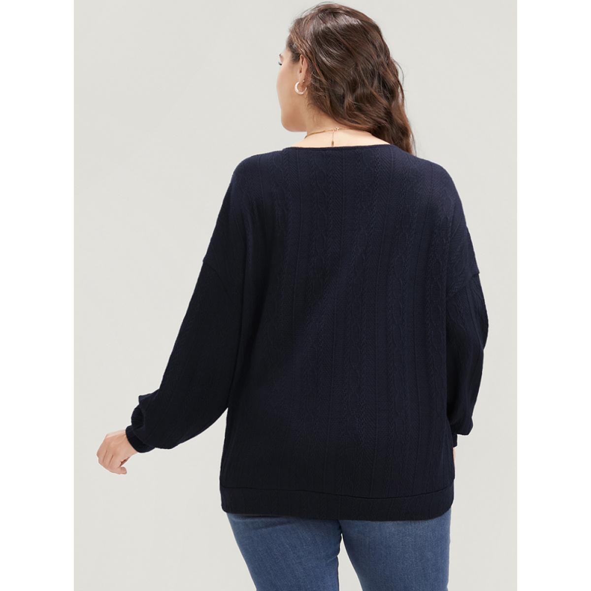 Plus Size Solid Cable Knit Surplice Neck Drop Shoulder Sweatshirt Women DarkBlue Elegant Plain V-neck Dailywear Sweatshirts BloomChic 12/L Product Image
