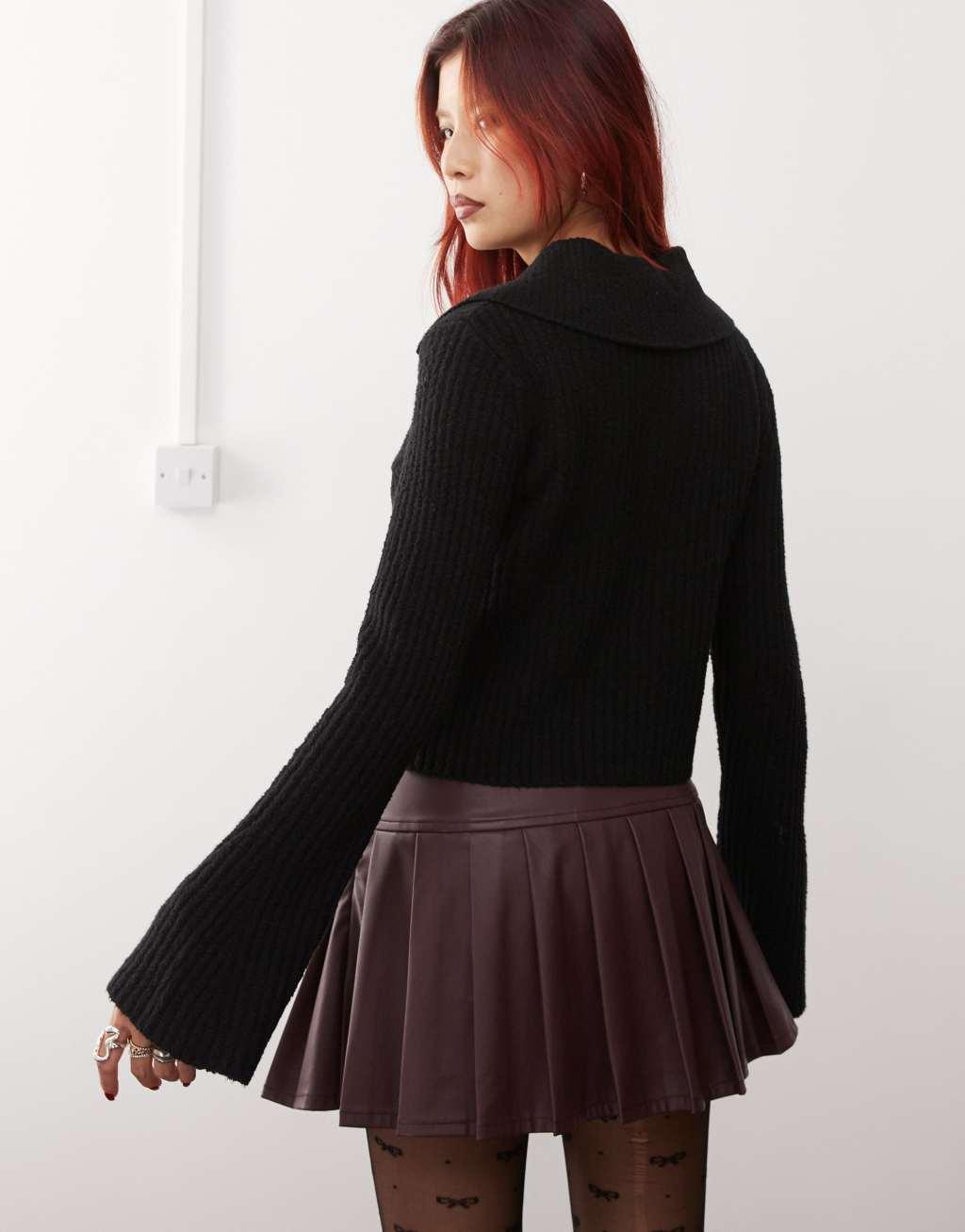 Monki knit collar detail zip up cardigan in black Product Image