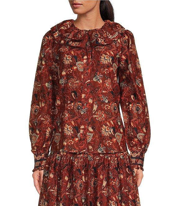 A Loves A Floral Print Woven Ruffled Platter Collar Long Balloon Sleeve Coordinating Button Front Blouse Product Image