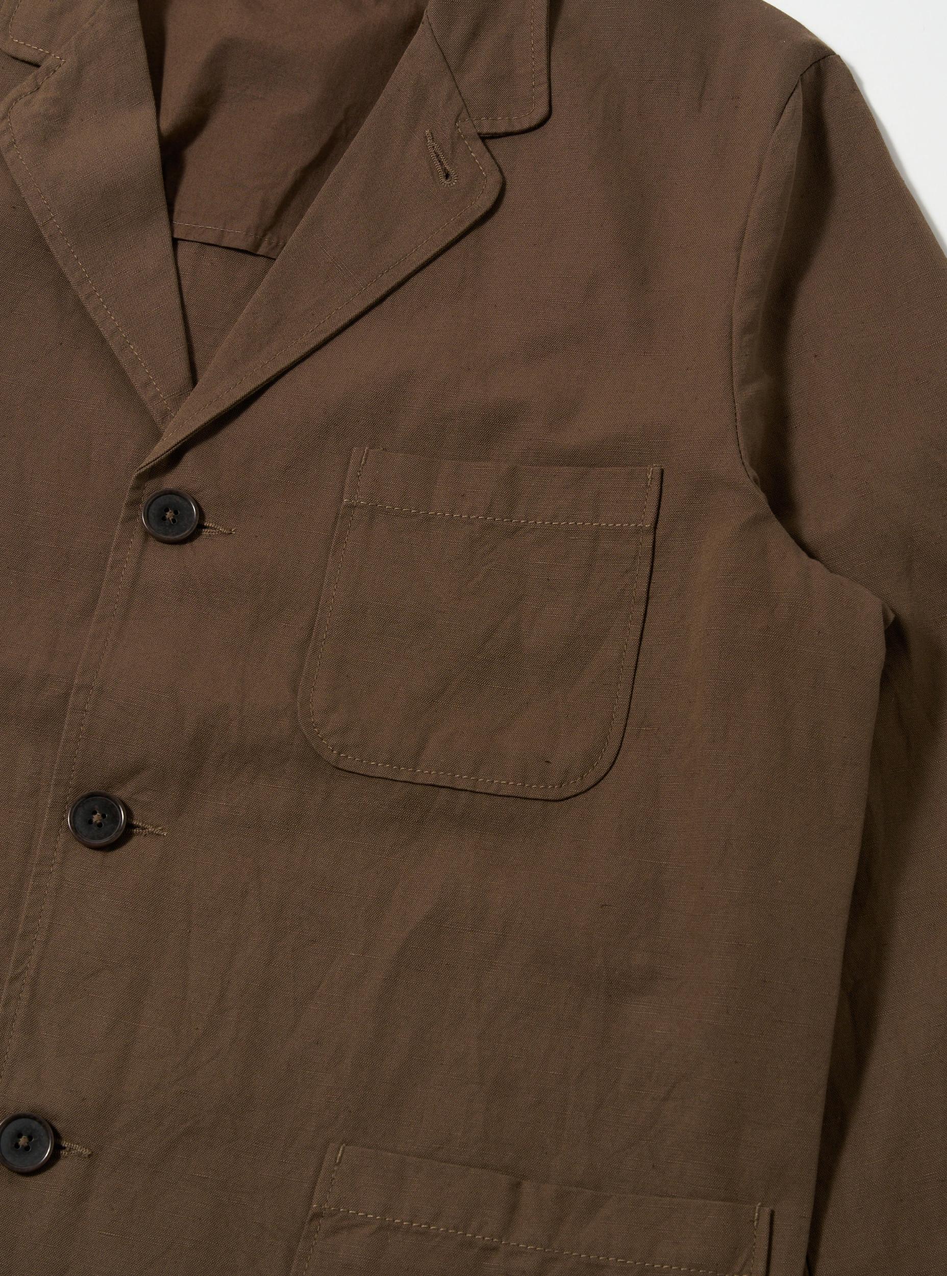Universal Works Three Button Jacket in Khaki Linen Slub Weave Product Image