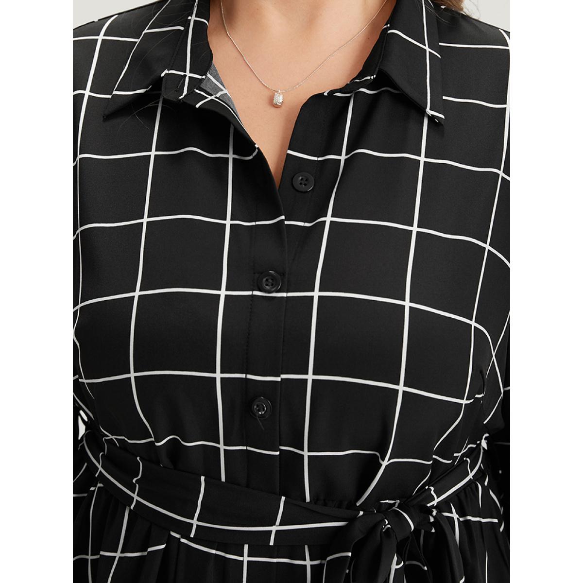 Plus Size Plaid Shirt Collar Belted Lantern Sleeve Dress Black Women At the Office Elastic cuffs Shirt collar Long Sleeve Curvy Midi Dress BloomChic 14-16/1X Product Image