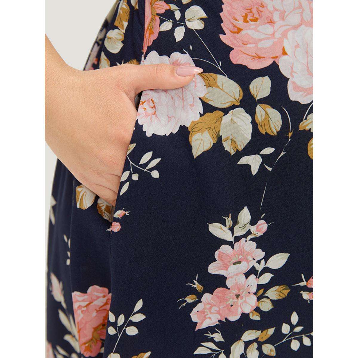 Plus Size Floral Print Pocket Knot Ruffle Sleeve Wrap Dress DarkBlue Women Elegant Wrap V-neck Half Sleeve Curvy Knee Dress BloomChic 30/6X Product Image