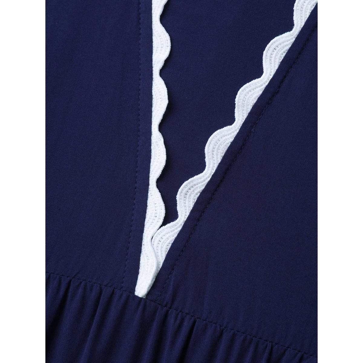 Plus Size Rayon Collar Ribbon Contrast Pockets Midi Dress Indigo Women V-neck Cap Sleeve Curvy BloomChic 22-24/3X Product Image