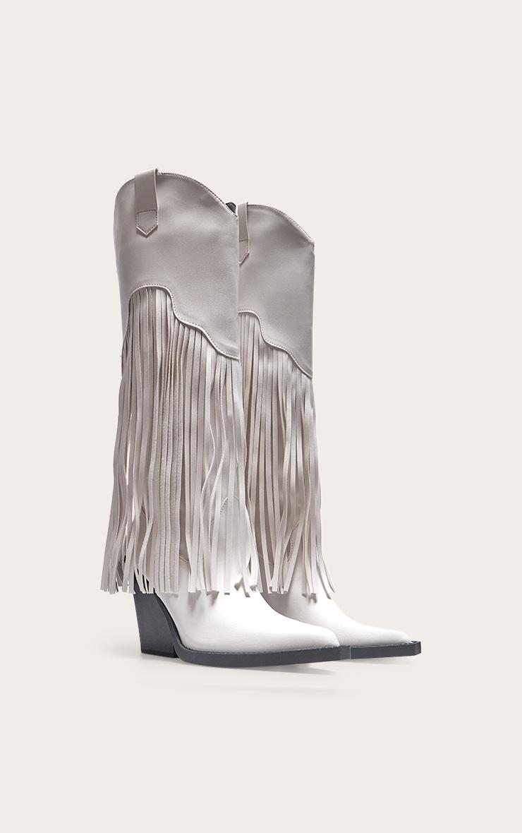White PU Point Toe Tassel Fringed Block Heel Knee Western Boots Product Image