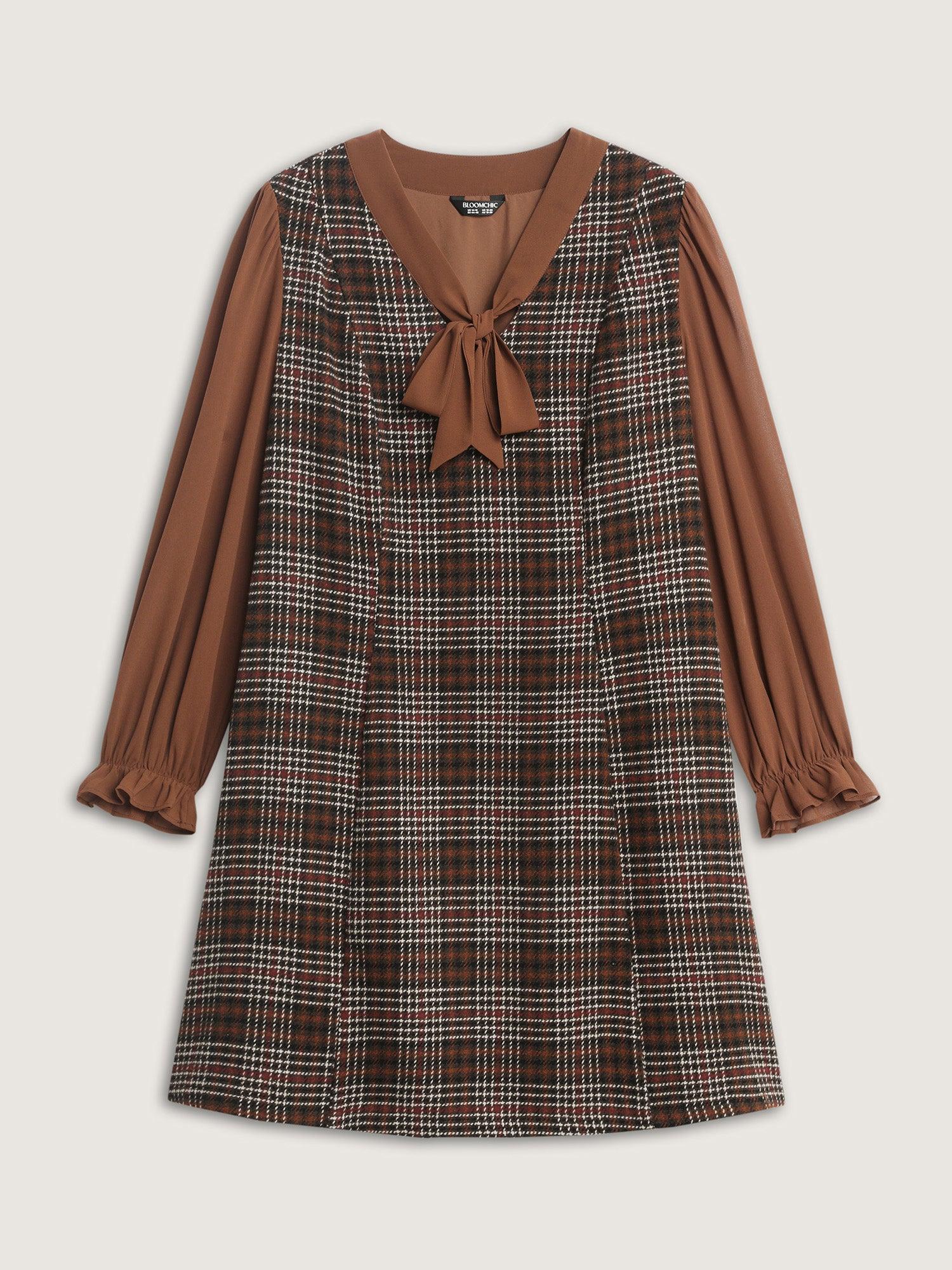 Vintage Check Tweed Ribbon Collar Midi Dress Female Product Image