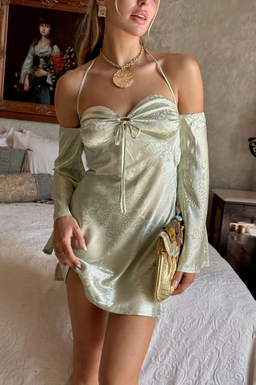 Pearlina Sage Printed Satin Mini Dress Product Image