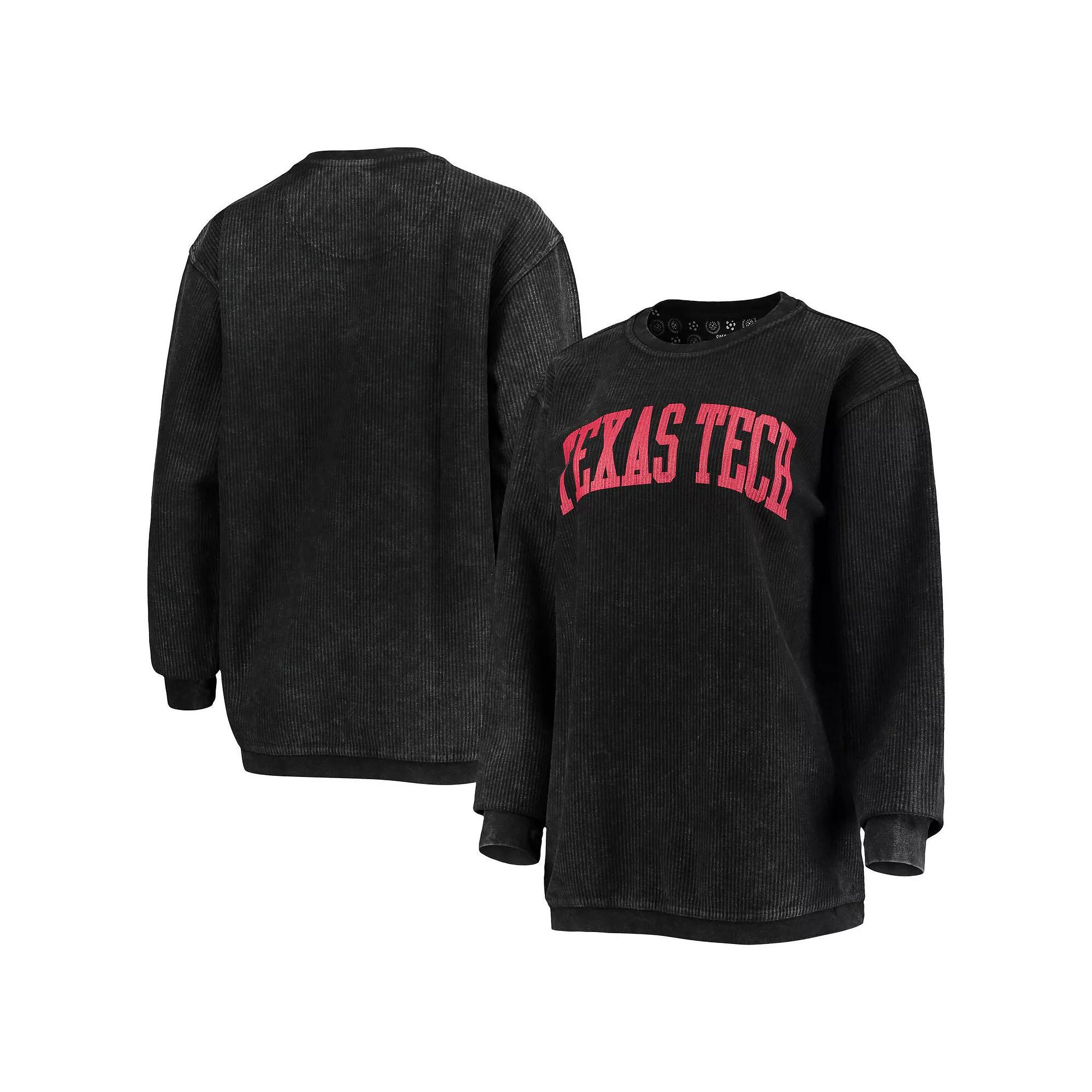 Women's Pressbox Black Texas Tech Red Raiders Comfy Cord Vintage Wash Basic Arch Pullover Sweatshirt,  Product Image
