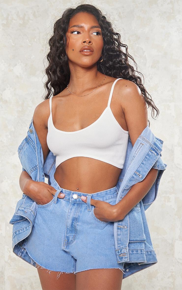 Light Blue Wash Denim Raw Hem Hot Pants Product Image