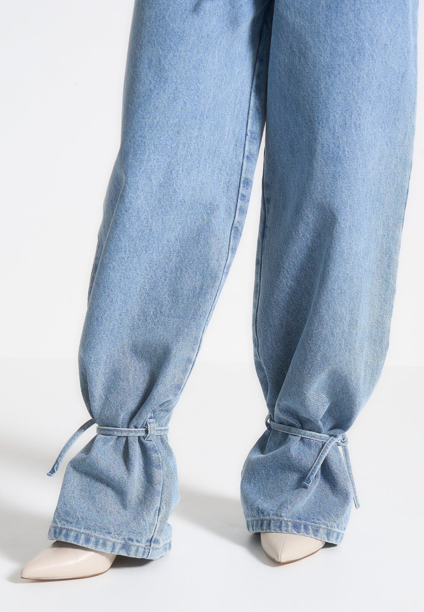 Faye - Wide Mid Rise Jeans with Tie Waist - Mid Blue Female Product Image