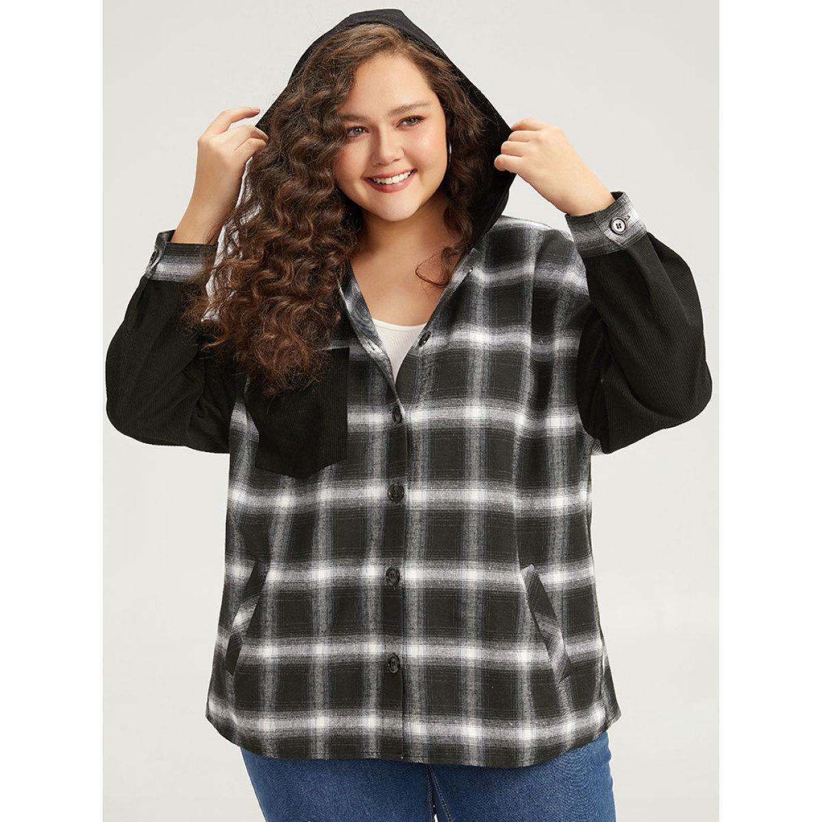 Plus Size Plaid Hooded Patched Pocket Button Up Patchwork Coat Women Black Contrast Pocket Dailywear Jackets BloomChic 18-20/2X Product Image