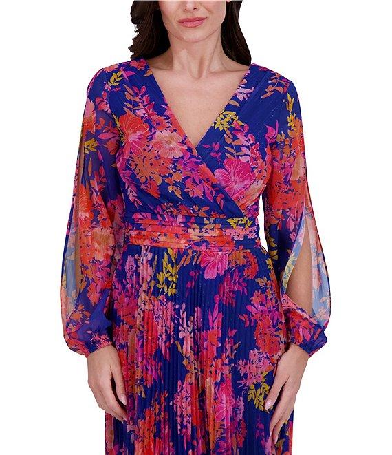 SIENA Chiffon Floral Print Pleated V-Neck Long Cutout Sleeve Maxi Dress Product Image