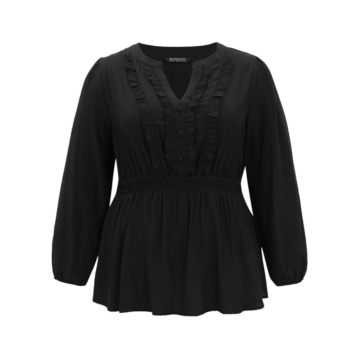 Plus Size Black Solid Frill Trim Shirred Flutter Hem Blouse Women Elegant Long Sleeve Notched collar Dailywear Blouses BloomChic 30/6X Product Image