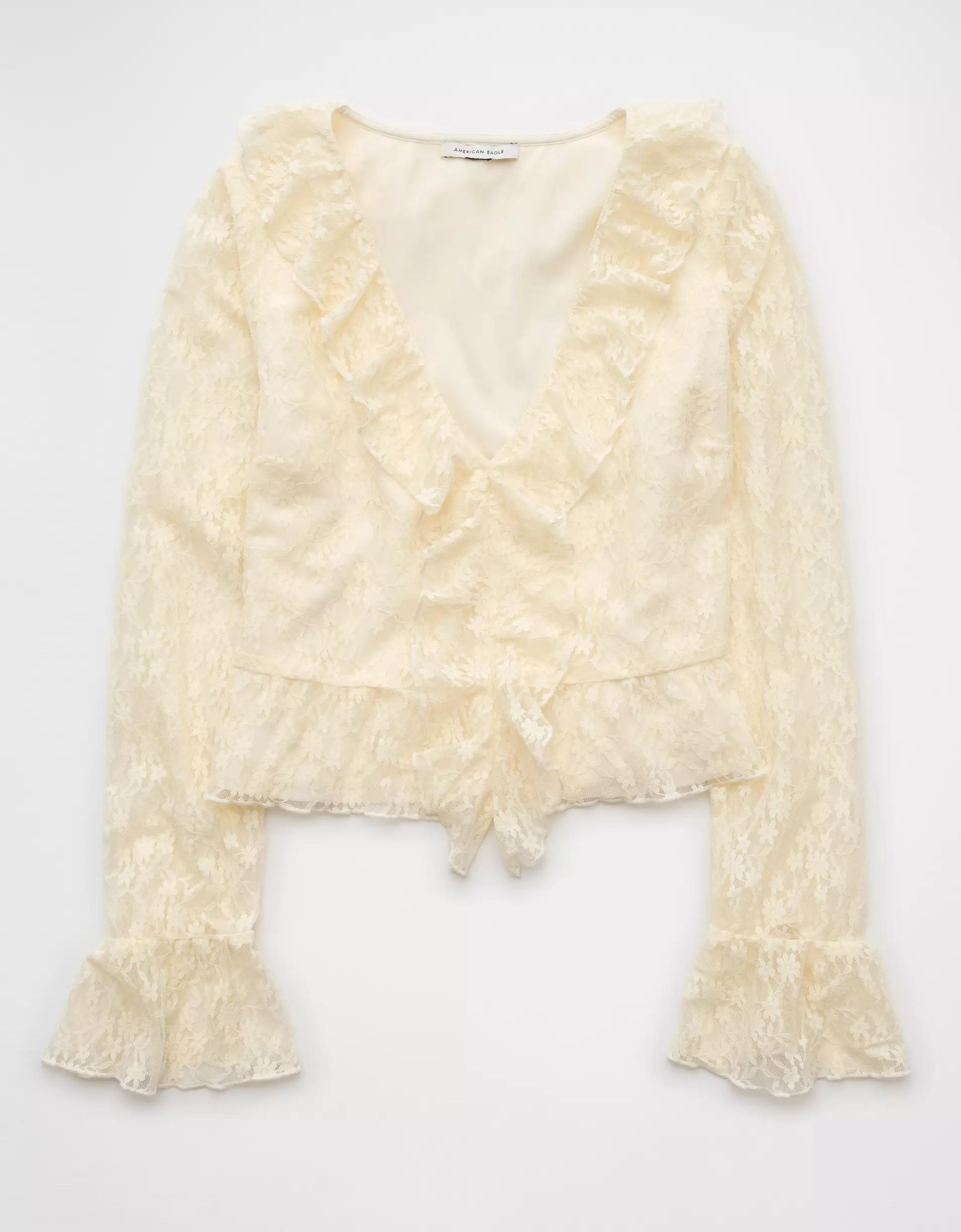 AE Lace Bell Sleeve Ruffle Blouse Product Image