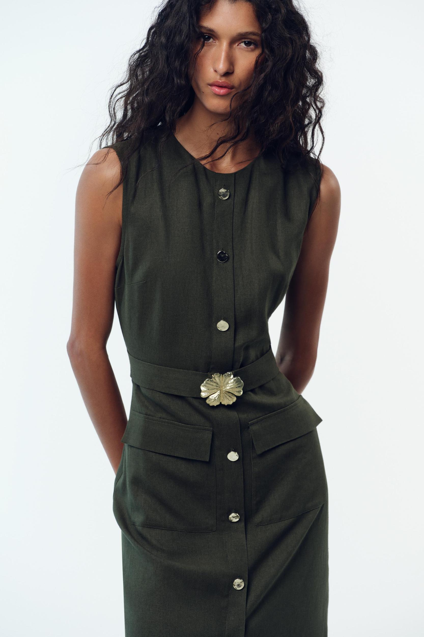 LINEN BELTED MIDI DRESS Product Image