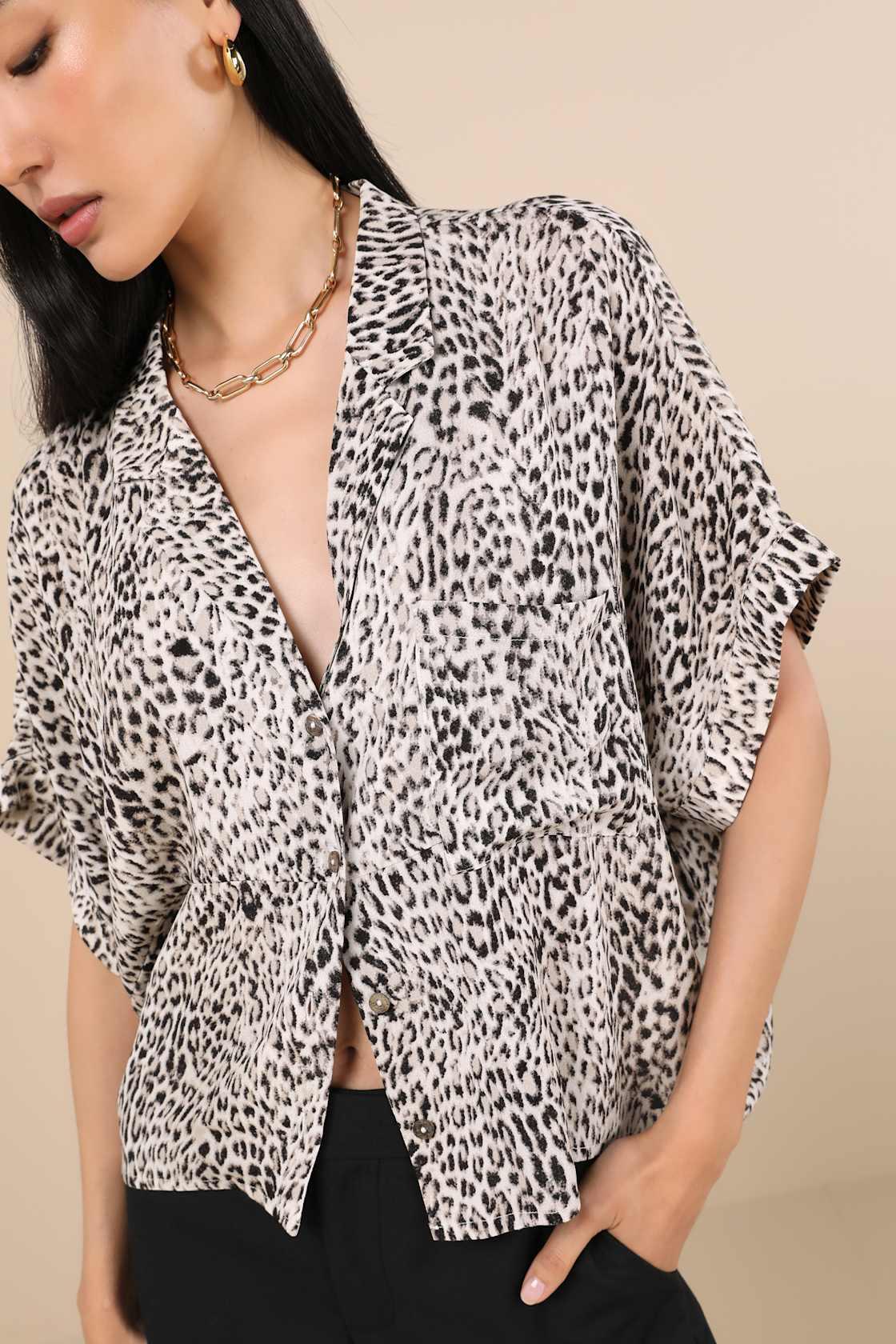 Island Style White Leopard Print Button-Up Short Sleeve Top Product Image
