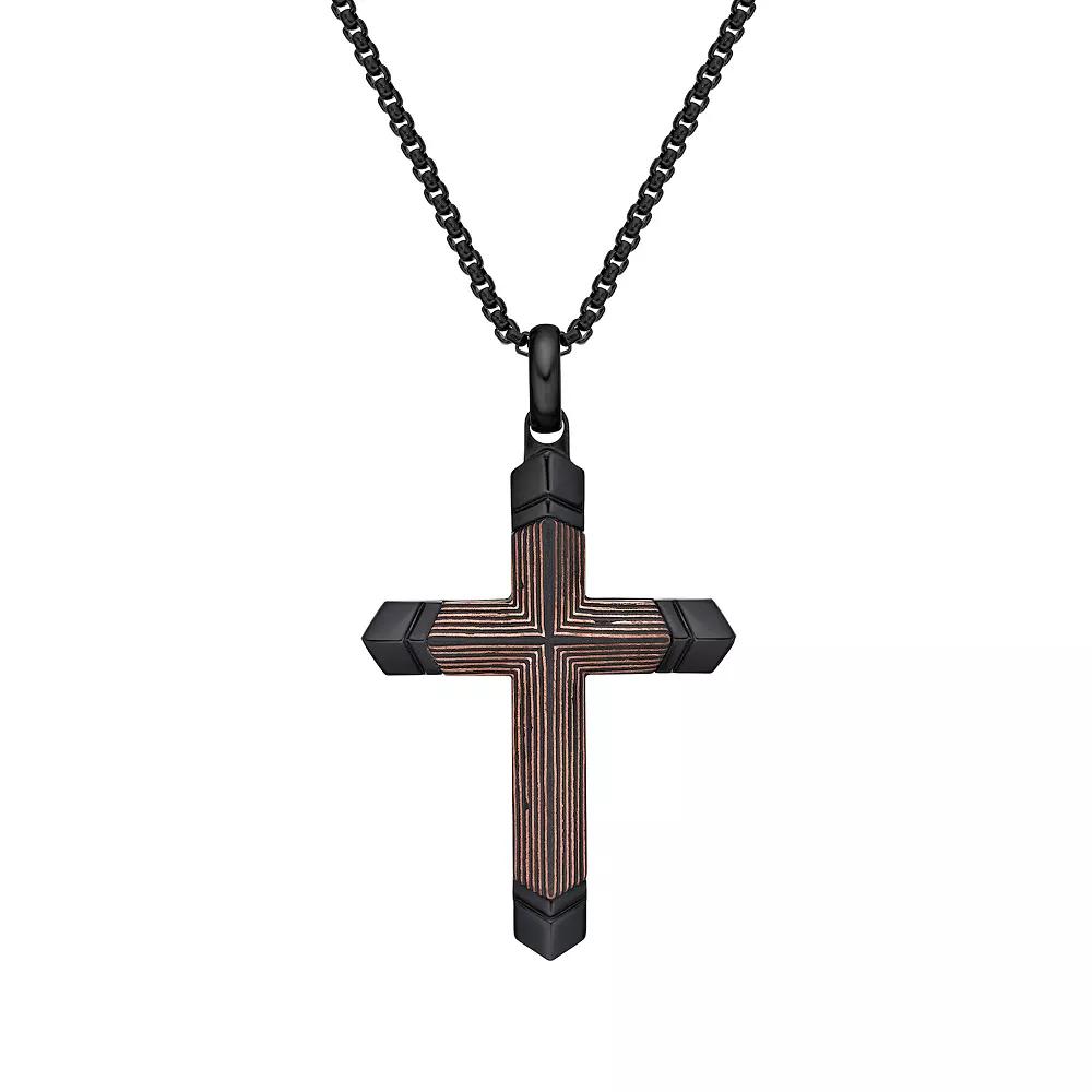 LYNX Stainless Steel Carbon Fiber & Copper Foil Cross Pendant Black Ion-Plated Men's Necklace, Size: 24", Two Tone Product Image