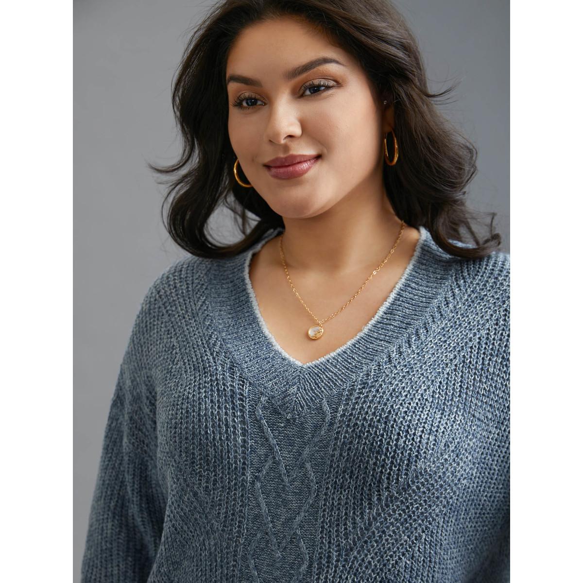 Plus Size Plain Textured Contrast Trim Cable Knit Pullover LightBlue Women Casual Loose Long Sleeve V-neck Everyday Pullovers BloomChic 22-24/3X Product Image