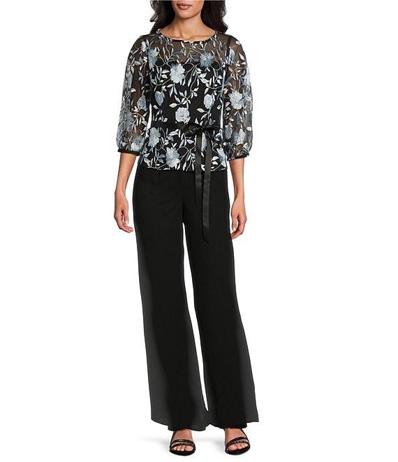 Alex Evenings Boat Neck 3/4 Illusion Sleeve Tie Sash Belt Embroidered Stretch Tulle Blouse Product Image