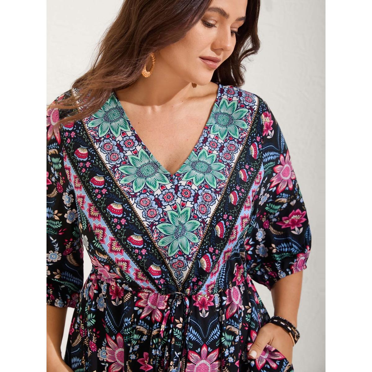 Plus Size Rayon Floral Print Pockets Midi Dress Black Women V-neck Half Sleeve Curvy BloomChic 14-16/1X Product Image