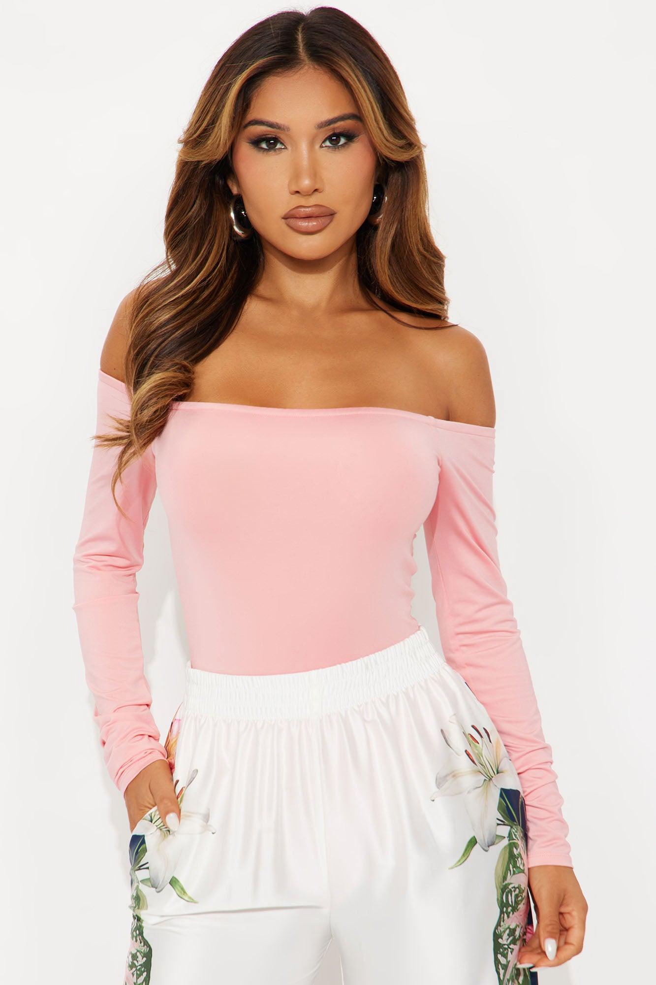 No Convincing Off Shoulder Cut Out Bodysuit - Pink Female Product Image