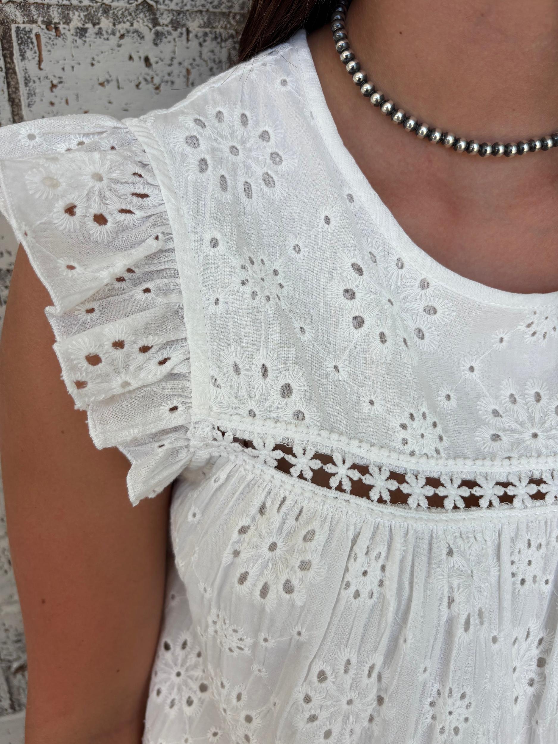 White Eyelet Embroidered Ruffled Flutter Sleeve Top* Product Image