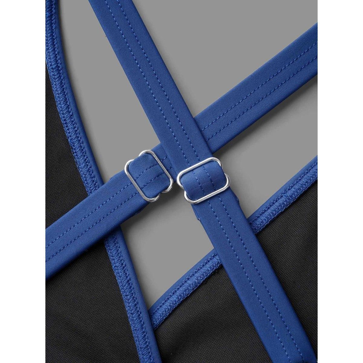 Plus Size Ruffle Trim Patchwork Mesh Swim Dress Women's Swimwear Mediumblue Beach Bodycon Overlap Collar High stretch Curve Swim Dresses BloomChic 12/L Product Image