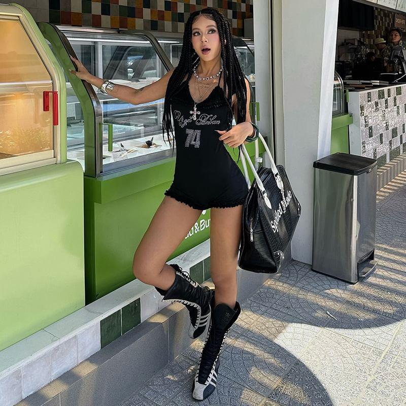 Spaghetti Strap V-Neck Rhinestone Ruffled-Trim Romper Product Image